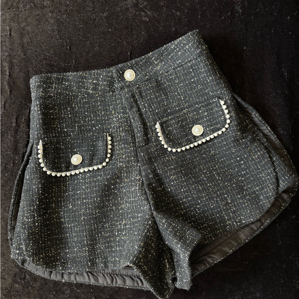 Black Tweed Shorts with Pearl Accents
